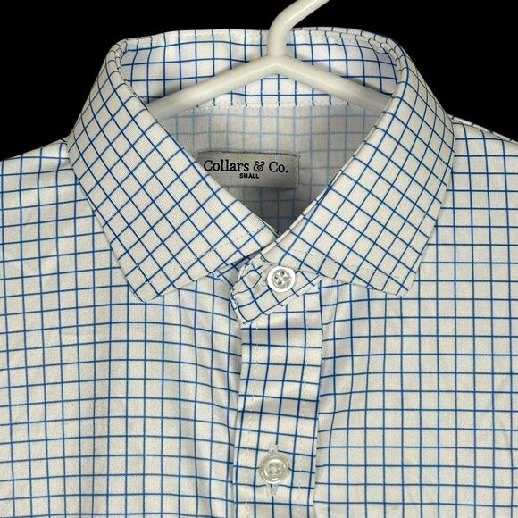 Collars & Co Polo Shirt Mens Small White Blue Check Quattro Flex Dress Collar